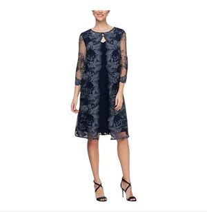 Alex Evenings Navy Embroidered Jacket Shift Dress Metallic Floral 3/4 Sleeves 16